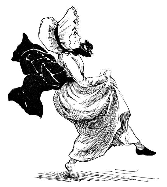 Dancing Woman, drawing by Louis Wain. Vintage etching circa 19th century.