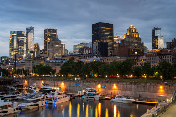 Montreal, Canada - July 4, 2024. Skyline of Old Town at night, Montreal, Quebec, Canada