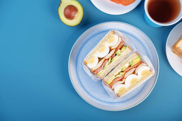 istock Eggs fired meat avocado tomato sandwiches in a plate 2197124680