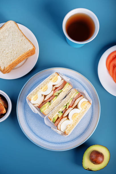 Eggs fired meat avocado tomato sandwiches in a plate