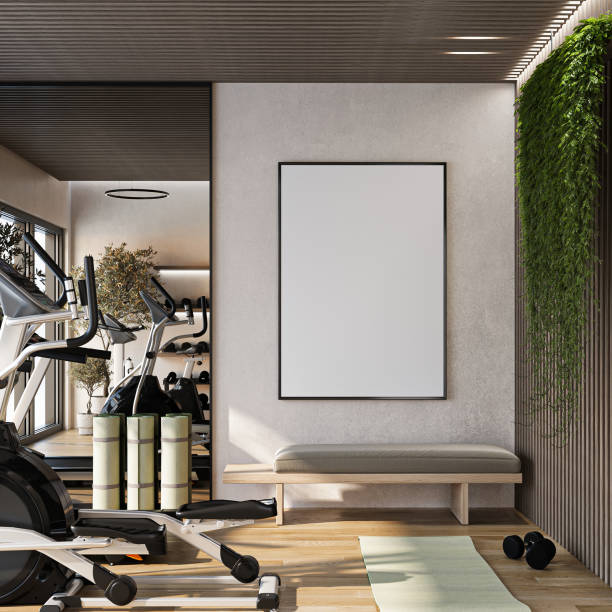 istock Frame mockup, ISO A paper size. Gym wall poster mockup. Interior mockup with house background. Modern interior design. 3D render 2197124834
