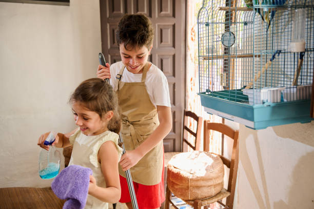 Children Having Fun Cleaning Their Home Together on a Sunny Day