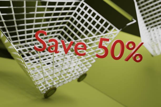 A 3D rendering of a shopping cart overlaid on a vibrant background with numbers representing percentage discounts,