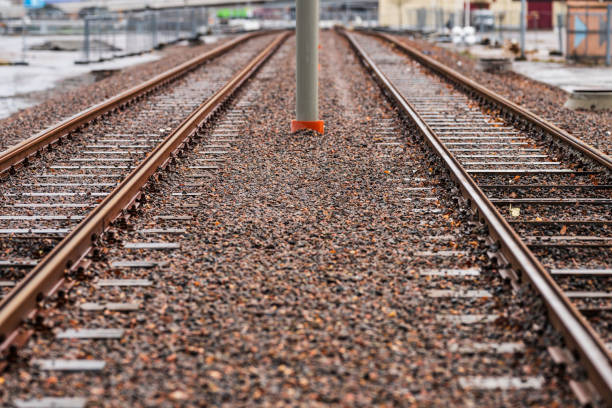 istock Newly constructed straight tram tracks.. 2197126871