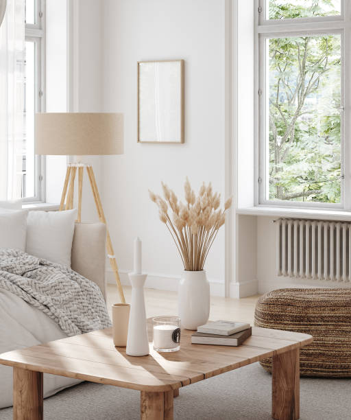 istock Mockup frame in bedroom interior background, light bohemian room 2197133710
