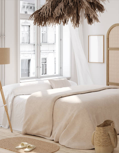 istock Mockup frame in bedroom interior background, light bohemian room 2197133722