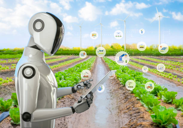 istock Agriculture technology concept with humanoid robot assistant with graphic display 2197145390