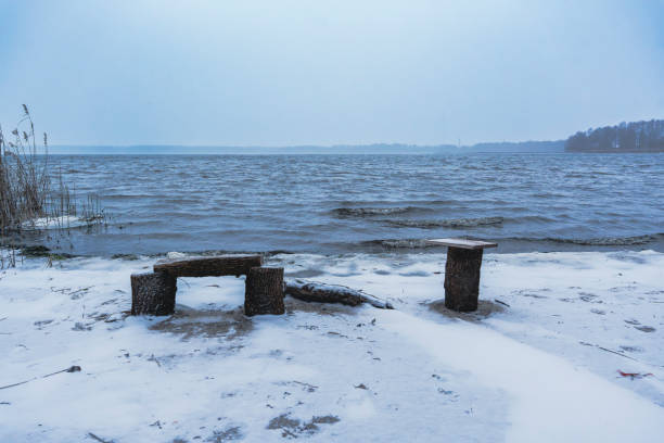Wooden bench and table on a snow-covered lakeshore during winter. Frozen lake with reeds and overcast sky in a tranquil natural setting. No people, peaceful winter scene