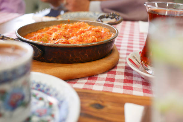 Turkish Menemen omelet in a frying pan.