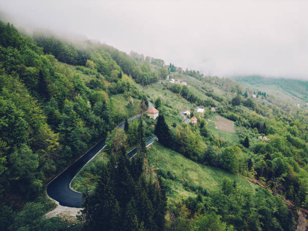 A scenic aerial view of a winding road gracefully carving through misty green hills. Dotted with charming rural homes, the landscape offers a peaceful escape into nature’s embrace