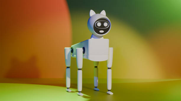 istock 3d model of robot dog white with black on multicolor background, robotic home technician, robot 2197187816