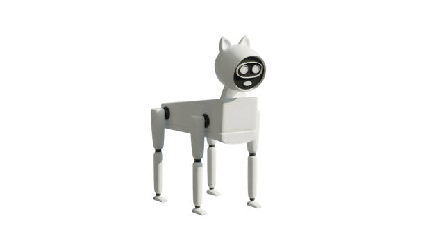 3d model of robot dog white with black on white background, robotic home technician, robot stock photo