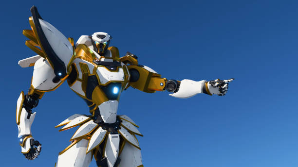 istock 3d render portrait of sci-fi mech samurai warrior pointing the right direction with its index finger. 2197195814
