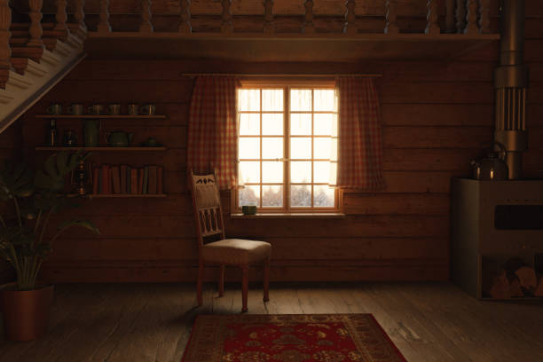 istock cozy cabin interior in the evening sunlight with beautiful view to the snow covered forest. 3D Rendering 2197196378
