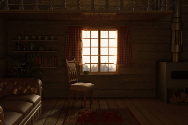 istock cozy cabin interior in the evening sunlight with beautiful view to the snow covered forest. 3D Rendering 2197196381