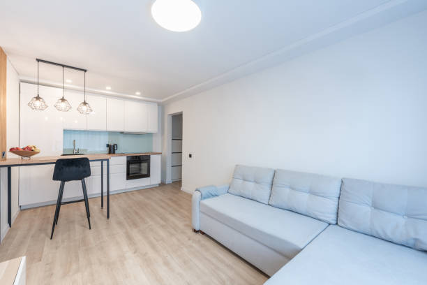 istock Modern Open Plan Living Room and Kitchen Interior Stylish Decor. Scandinavian Style. Bright modern living room with open space. Features include cozy furniture, sleek appliances, contemporary design 2197199465