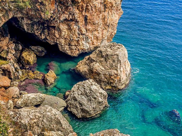 High angle view of seaside with rocky shore in Antalya, Turkey