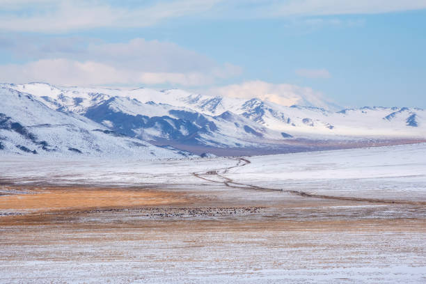 istock Long road through a snowy plateau to the mountains. 2197200277