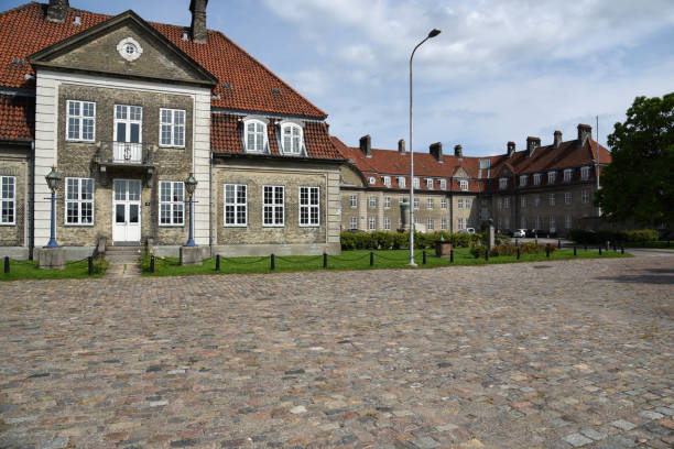 Charming cobblestone street in Bodestræde, Dragør, Denmark, with colorful houses, red-tiled roofs, and flowers under a bright blue sky.