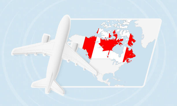 istock Canada Travel Illustration with Plane and National Flag. Airplane Flying Over Canada Map. 2197203642