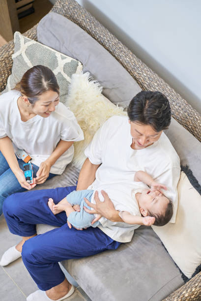 Parents and child relaxing on a sofa