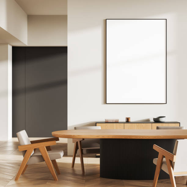 istock Blank vertical poster mockup in modern dining room with wooden table and chairs. 3D Rendering 2197206287