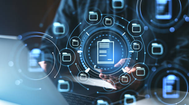 istock Digital document interface with icons on a futuristic screen. Blurred background. Concept of online document management and security 2197206412