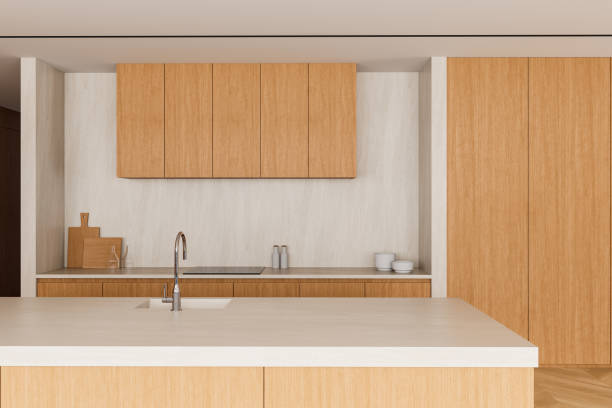 istock Minimalist modern kitchen interior with wooden cabinets and marble countertop. 3D Rendering 2197207588