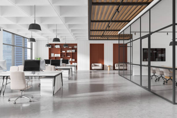 istock Modern office interior with open workspace, conference room, and wooden accents. 3D Rendering 2197207668