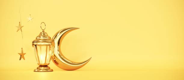 istock Ramadan Kareem greeting template with arabic lantern, moon, gift, presents and stars. Podium, stand on holiday light background for advertising products - 3d render 2197209050