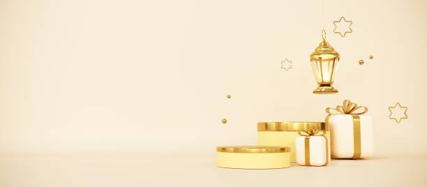istock Ramadan Kareem greeting template with arabic lantern, moon, gift, presents and stars. Podium, stand on holiday light background for advertising products - 3d render 2197209073