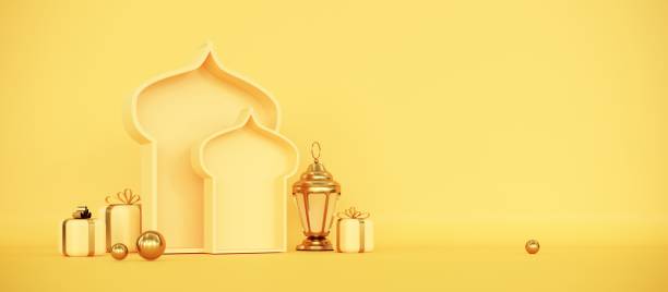 istock Ramadan Kareem greeting template with arabic lantern, moon, gift, presents and stars. Podium, stand on holiday light background for advertising products - 3d render 2197209080