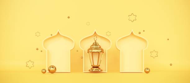 istock Ramadan Kareem greeting template with arabic lantern, moon, gift, presents and stars. Podium, stand on holiday light background for advertising products - 3d render 2197209082