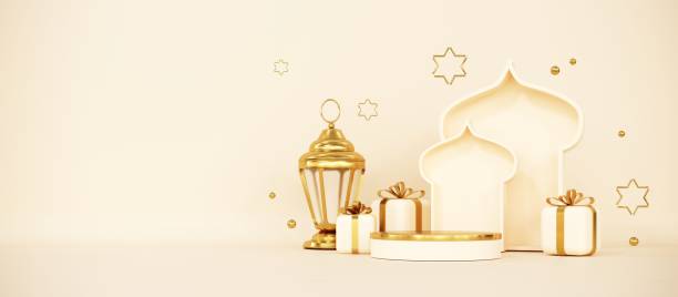 istock Ramadan Kareem greeting template with arabic lantern, moon, gift, presents and stars. Podium, stand on holiday light background for advertising products - 3d render 2197209086