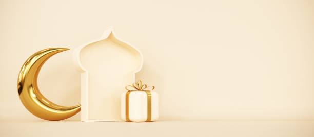 istock Ramadan Kareem greeting template with arabic lantern, moon, gift, presents and stars. Podium, stand on holiday light background for advertising products - 3d render 2197209088