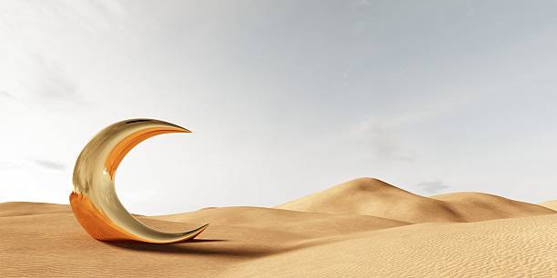 istock Golden crescent moon and ornate lantern in a desert - 3d render. 2197218792