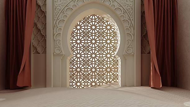 istock Islamic-inspired decorative window casting shadows - 3d render. Dreamlike aesthetic with surreal floating clouds and warm textures. 2197218799