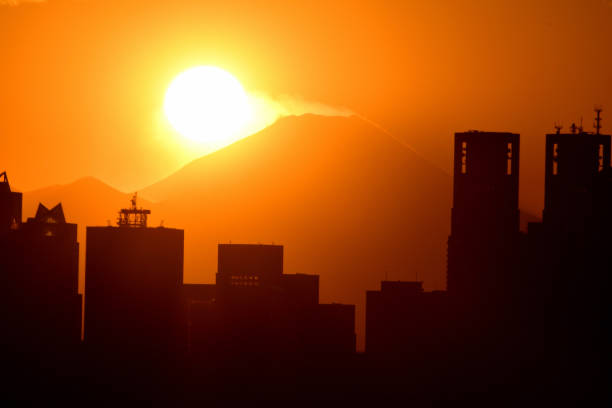 The photos were taken just before the Sun was setting in at the peak of Mt. Fuji and just after the sunset from the 28th floor lounge of Bunkyo Civic Center, Bunkyo Ward, Tokyo. The skyline in front is the high-rise buildings of Shinjuku, Tokyo.