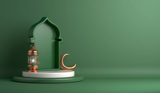 Islamic display podium with mosque window lantern crescent on green background, Ramadan Kareem eid al fitr adha, muharram, 3D illustration.