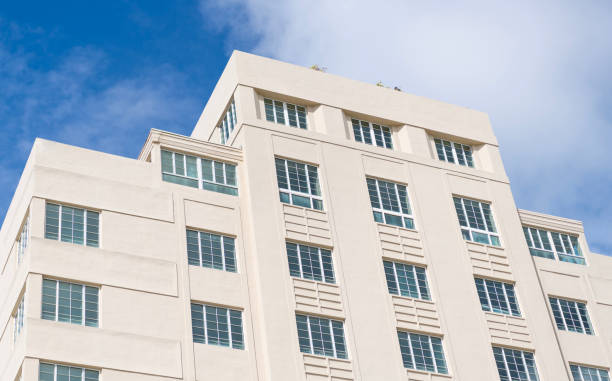istock Art Deco building architecture. Architectural building. Art deco. Architectural district Art Deco. Modern building of Miami beach. Ocean drive. Miami Beach in Ocean Drive Florida. Symmetry repetition 2197234688
