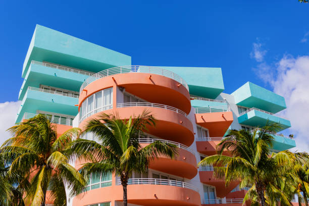 istock Art Deco building architecture. Architectural building. Art deco. Architectural district Art Deco. Modern building of Miami beach. Ocean drive. Miami Beach in Ocean Drive Florida. Shape design 2197234942