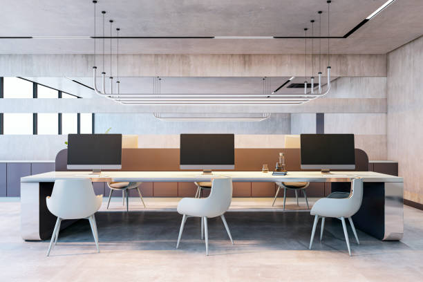 istock Modern corporate office interior with desks and chairs in a minimalist design. 3D Rendering 2197240360