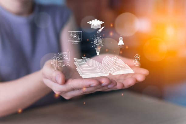 istock Learning and education: Find knowledge from various sources By myself at home, online internet technology that allows you to learn things, online teaching, video media, books, textbooks. 2197240548