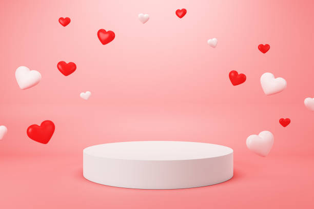 istock Romantic podium with floating red and white hearts on pink background. 3D Rendering 2197241217