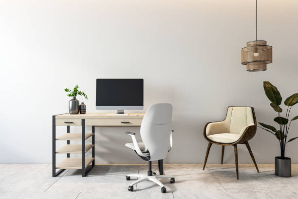 istock Modern home office with desk, chair, and decor on neutral backdrop. 3D Rendering 2197241227