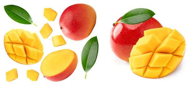 istock mango with slices and green leaves isolated on white background. clipping path 2197244123
