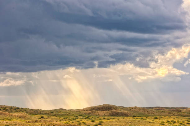 Landscape with big clouds and rain in the steppe
