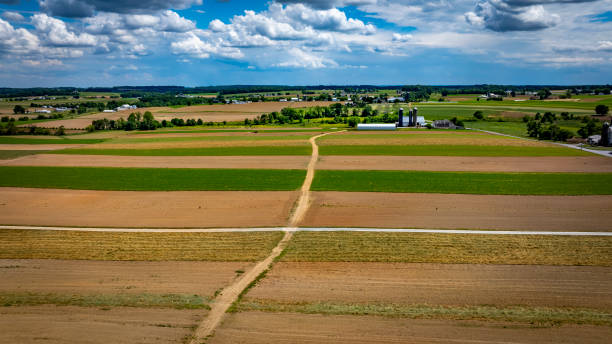 istock Vast Agricultural Landscape With Fields and Farm Buildings Under a Cloudy Sky 2197246297