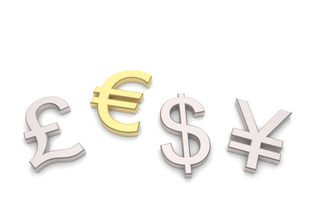 A 3D render of a golden euro symbol standing upright among silver pound, dollar, and yen symbols lying flat. This image represents European financial strength, global currency markets, and economic power.