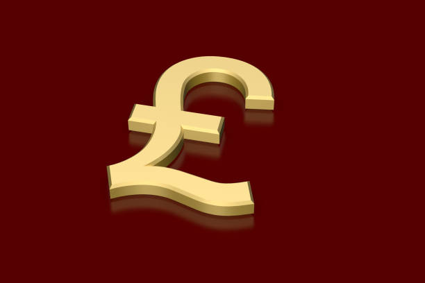 A 3D-rendered golden British pound symbol placed on a reflective deep red surface. The composition represents wealth, finance, and economic power with a luxurious aesthetic.
